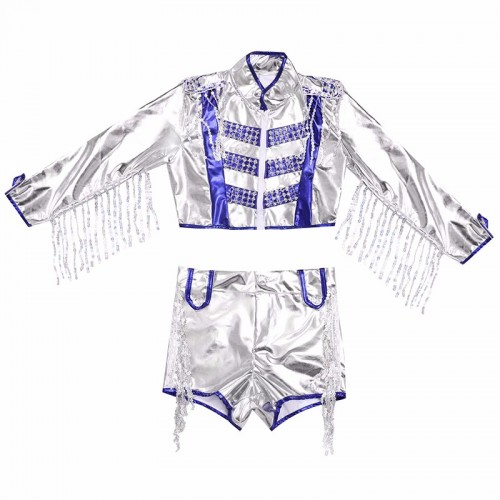 Children boys girls jazz hiphop rapper dance costume silver royal blue shiny tassels gogo daners school cheerleading performance outfits for kids